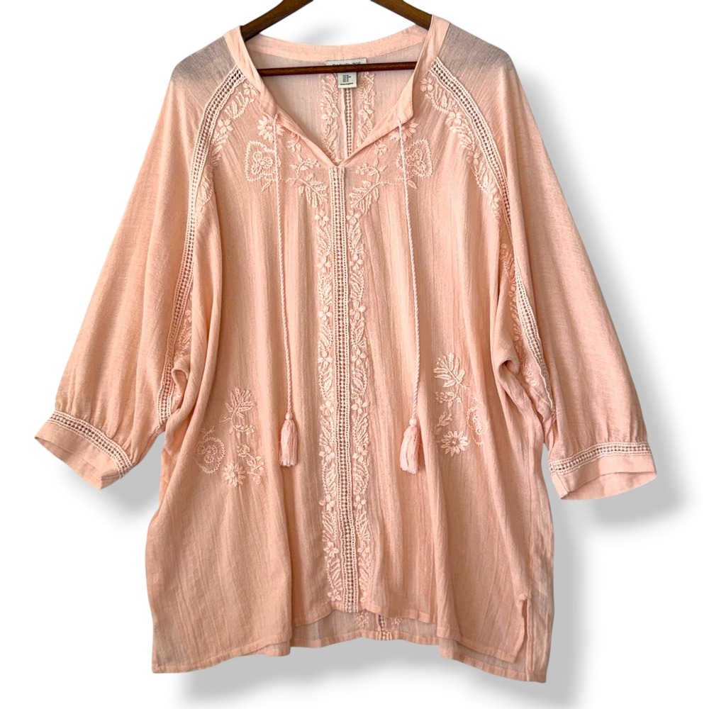 Rachel Zoe Blouse M Pink Embroidered Boho Tassel Gauze Boho Peasant Grandma Chic